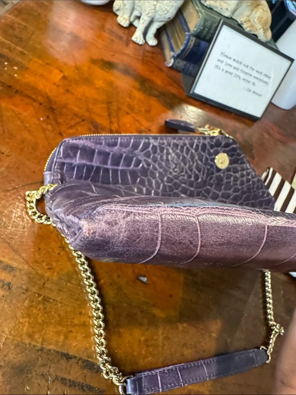 henri bendel Plum Croc-Embossed Leather Chain Shoulder Clutch